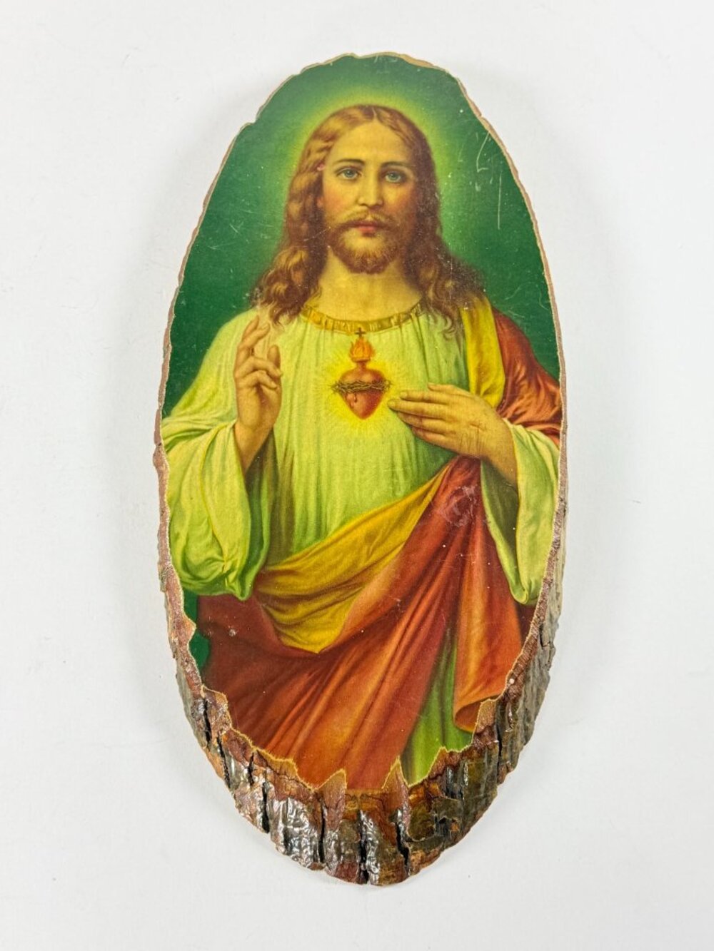 Vintage Sacred Heart Jesus Decoupage On Rustic Pine Wall Plaque MT Pocono PA